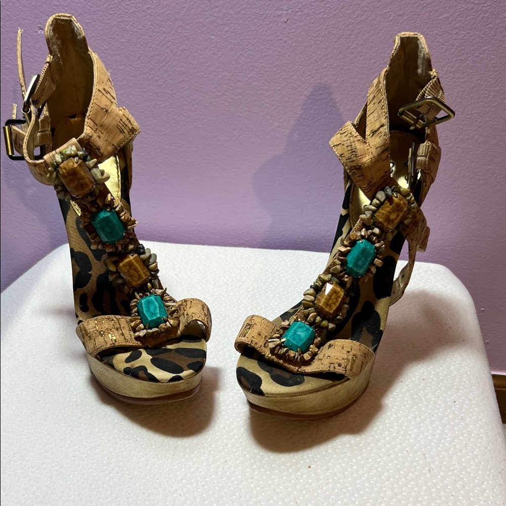 Leopard Print Platform Sandals with Turquoise Accents